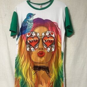 Colorful Graphic T-Shirt with Bird and Woman Design